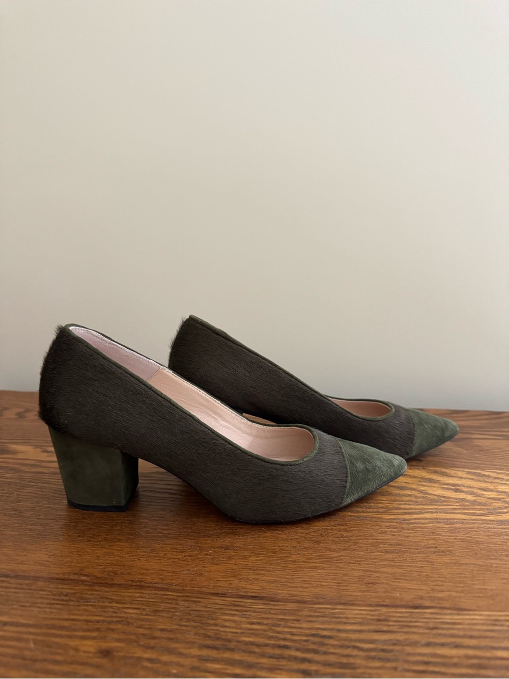 Olive Green Calf Hair & Suede Block Heels